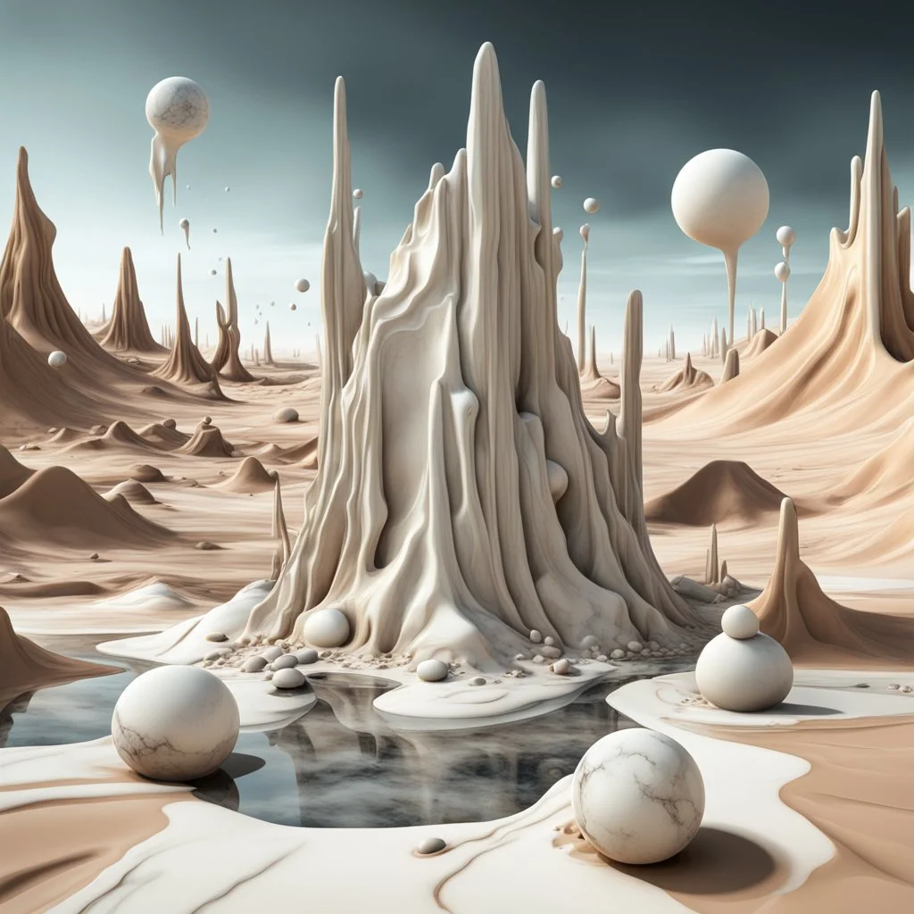 Dark, creepy, 3d, marble-like, surreal objects in a bright environment, desert, noon light, melting cream, Yves Tanguy style