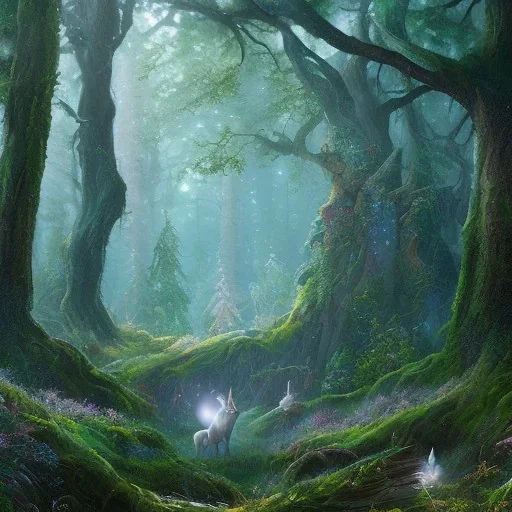 Mythical forest glade, unicorn, fairytale, 8k