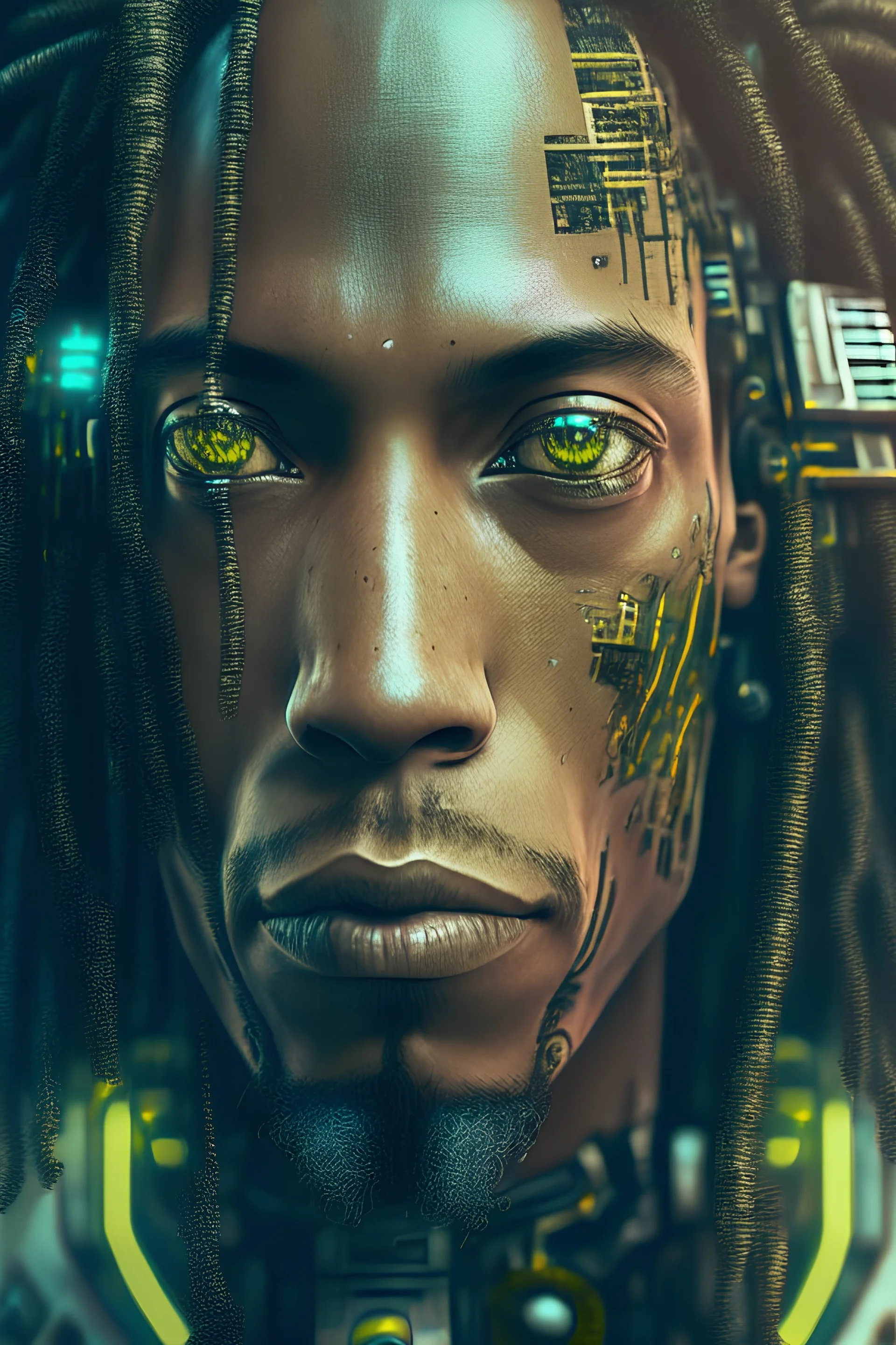 Centered portrait of an ultra detailed Mechanical Cyberpunk bob marley Android, looking into the camera, intricate, elegant, super highly detailed, smooth, sharp focus, no blur, no dof, extreme illustration, Unreal