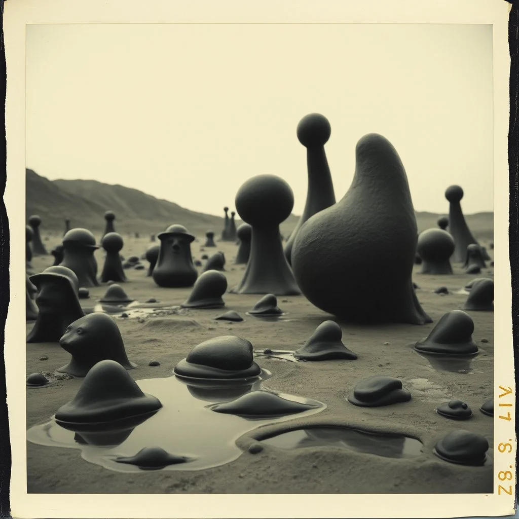 Photography polaroid of a random landscape with odd Yves Tanguy incomprehensible forms, Surrealism, glossy, organic, strong texture, fiotti di liquido nero, panic, obsessive, hypnotic