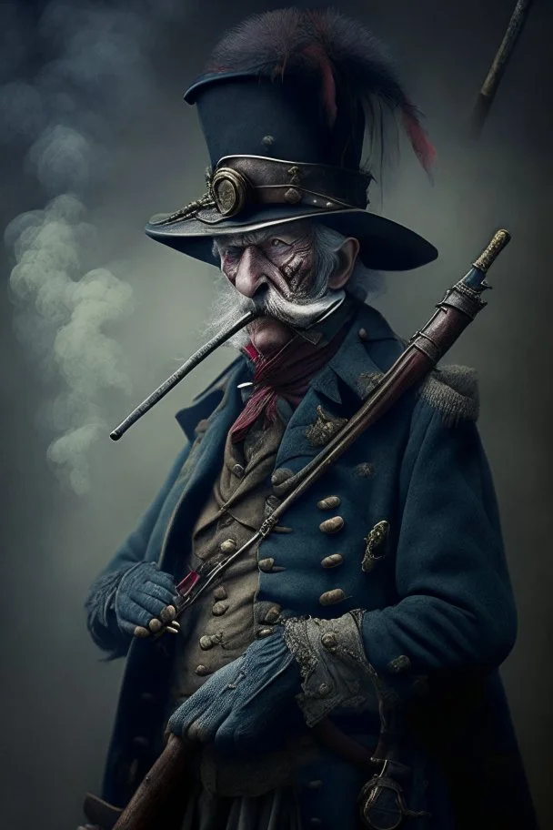 70 years old victorian bloodborne soldier with a musket and cigarette