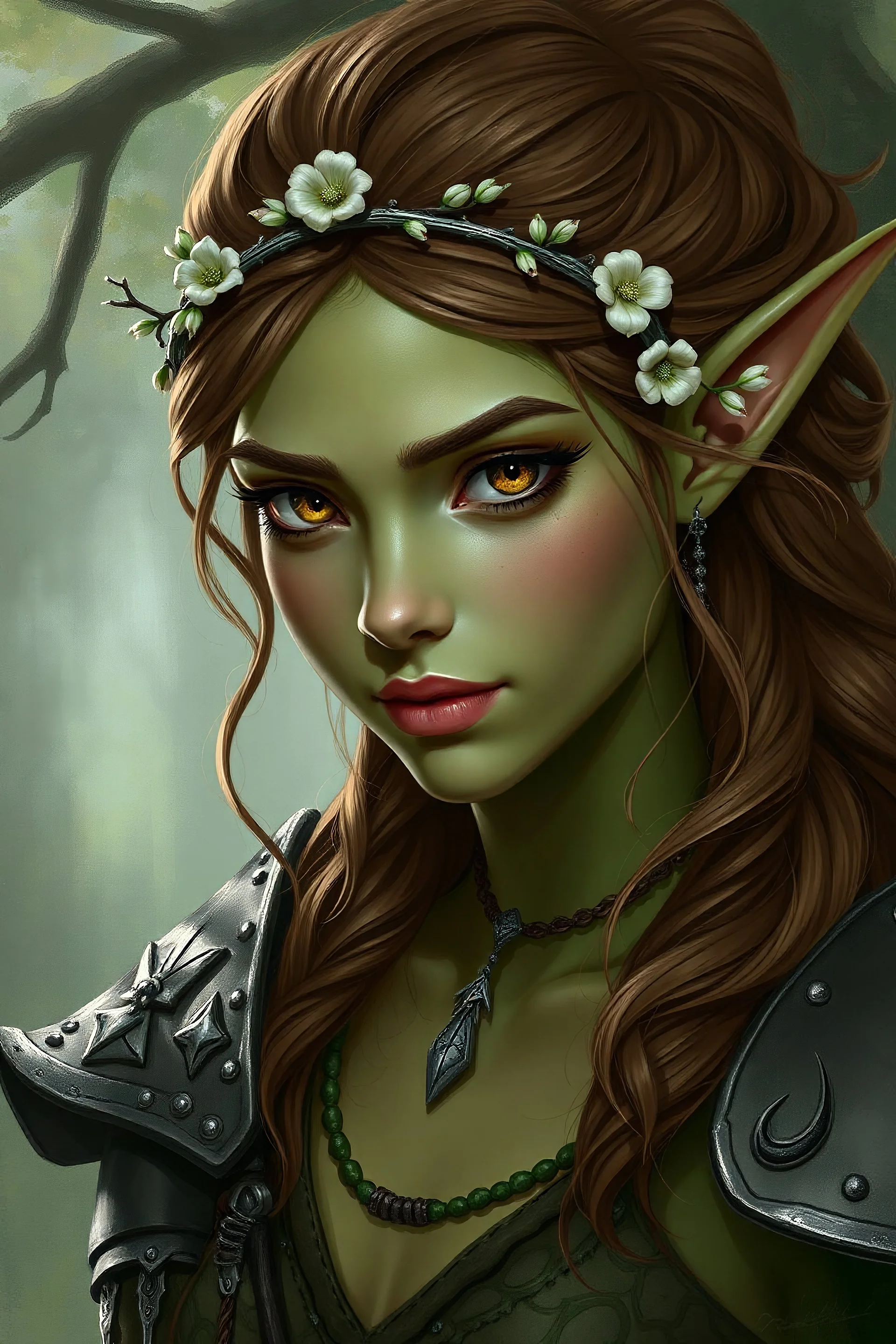 Generate a female spring Eladrin elf, greenish skin. She is a bard. She is chaotic neutral, and come from far away, looks mysterious and smirk. She looks unapprochable and a bit angry. She wears a dainty circlet made of silver coated branches and flower in her hair is brown and voluminous, her skin sun-kissed. Her eyes are hazel. Her skin is green. She look like she comes from the wood. realist digital paintng. She wears an elvish uncomple armor.