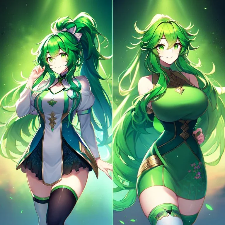 girl, masterpiece, best quality, volumetric lighting, detailed outfit, perfect eyes, long hair, green hair, green eyes, beautiful lighting, vibrant colors, smiling, thigh highs, ponytail, messy hair,