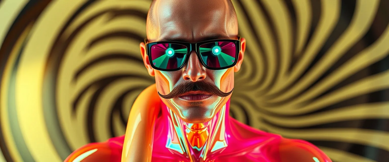 hot dog caravan magic, blissfull genious, ultra chromatic, cyber jobe, flying yoga magic , lawn mover man movie character, portrait of upper body of cool transparent guy made with nano tape and with shades and mustache and bald head, saw blade beholder eye tyrant flating beholder kin with eyes on each saw blade tooth saying something profound, hypnotic zebra twirl background, with chrome reflections, like he is floating in a giger cartoon