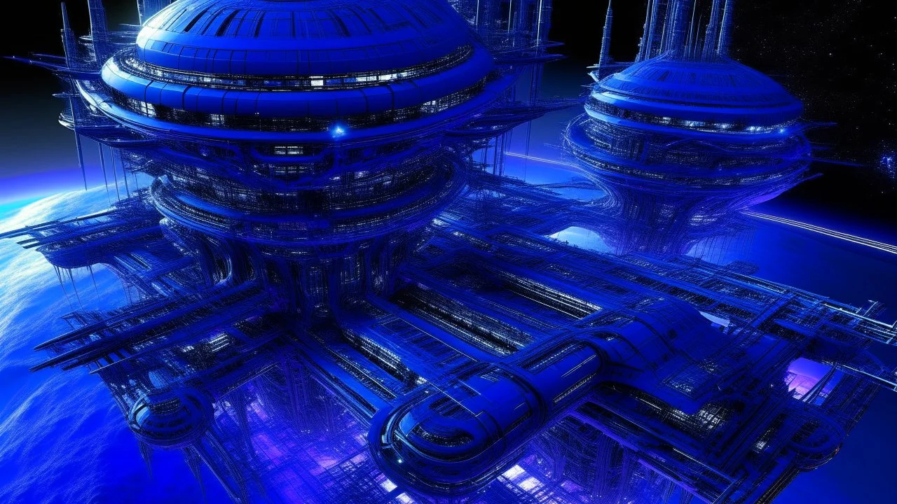 A detailed, wide-angle illustration depicts a sprawling, futuristic space station complex bathed in the deep blues and purples of outer space. The central structure is a massive, multi-tiered hub with a bulbous, domed top featuring large, illuminated windows. Extending from this hub are numerous interconnected platforms, docking bays, and smaller satellite structures, all rendered in sleek, metallic whites and grays with accents of red and orange lighting. Several smaller spacecraft, resembling