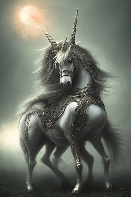 unicorn , dystopian surrealism, fantasy, hdr, demonic, dark art