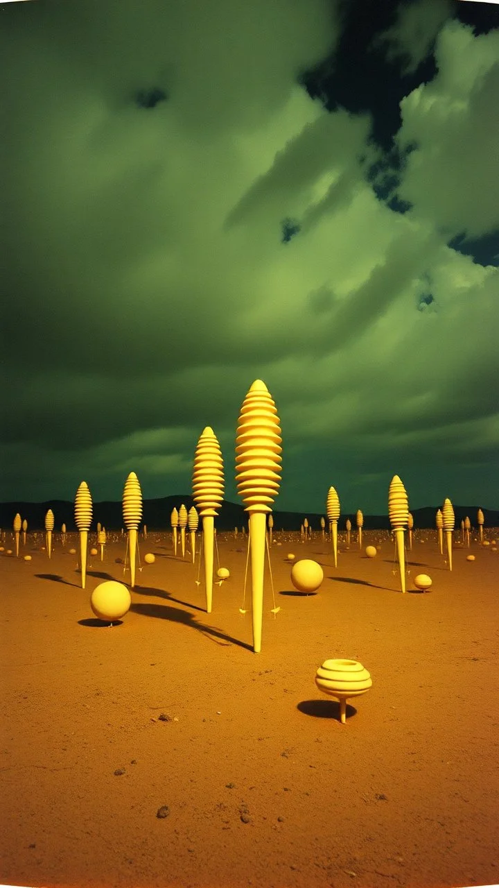 Strange spindle-shaped objects of various shapes, scattered over an arid wasteland, clouds, night, Max Ernst, Audubon, Amano, Walton Ford, Yves Tanguy, polaroid, 8k, 3d, 33mm photography, well defined