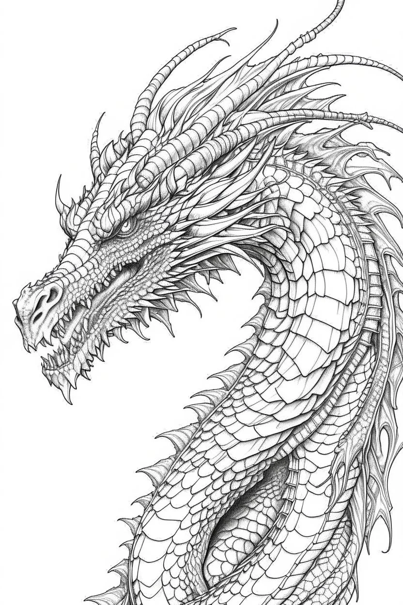 coloring image of dragon, line art, realistic, white background