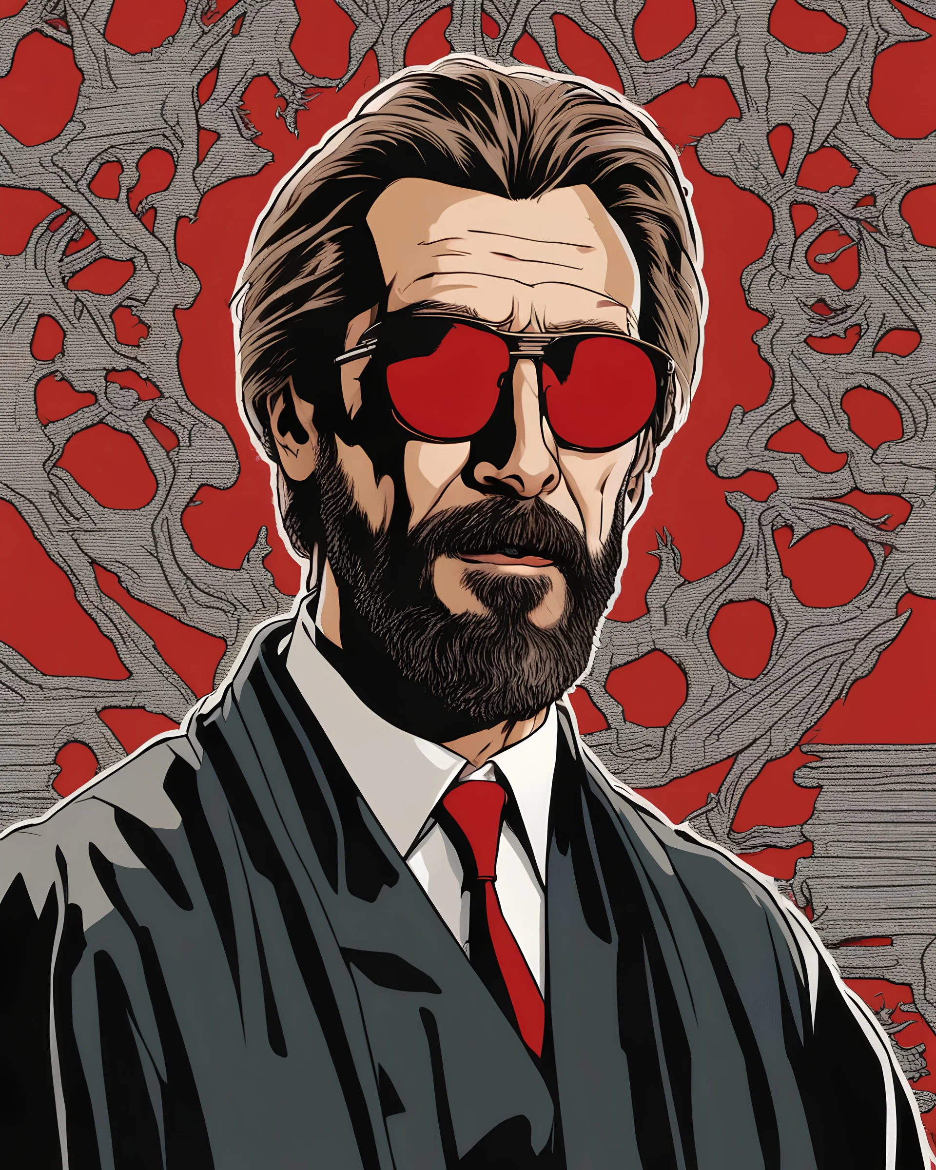 hans gruber as a judgmental priest wearing red sunglasses