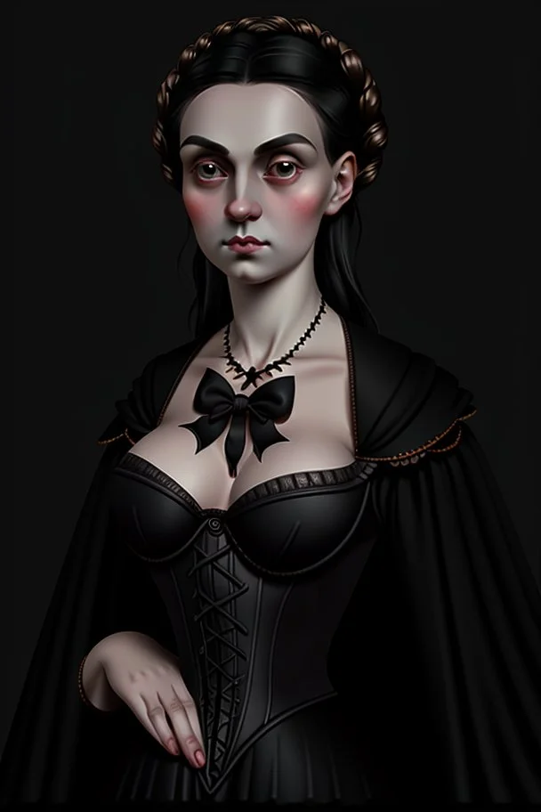 warm but stern aunty victorian era, posh british accent influenced, high born facial features dnd character on a solid black background, full body image, high quality realistic.