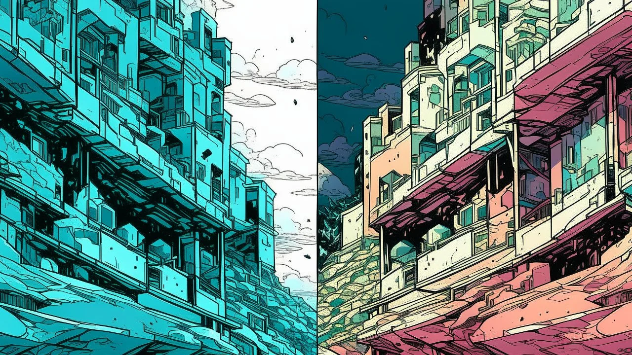 Comic style, An iconic representation of formal autonomy characterized by its mass and tectonic materials. The surface should reflect varying degrees of 'noise', similar to pixels, providing adaptability to the environment and creating diverse atmospheric effects., graphic illustration, comic art graphic novel art, highly detailed, vibrant color palette, scandinavian vibe, diffused pale light