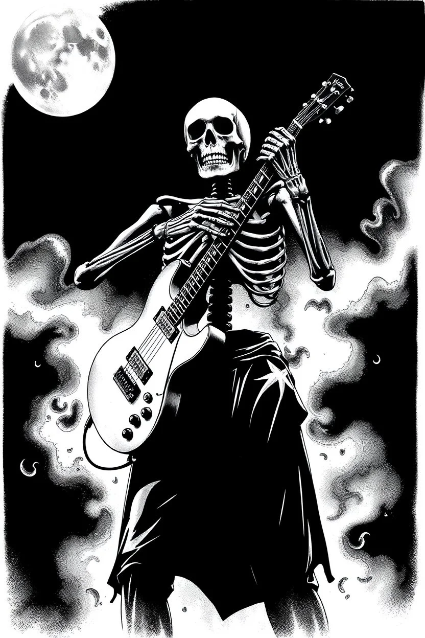 Black and White Graphic Art of a SKELETON EMBRACING HUGGING A GUITAR