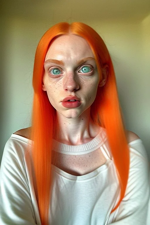 woman with orange and white hair, green eyes, tall and frail, soft facial traits