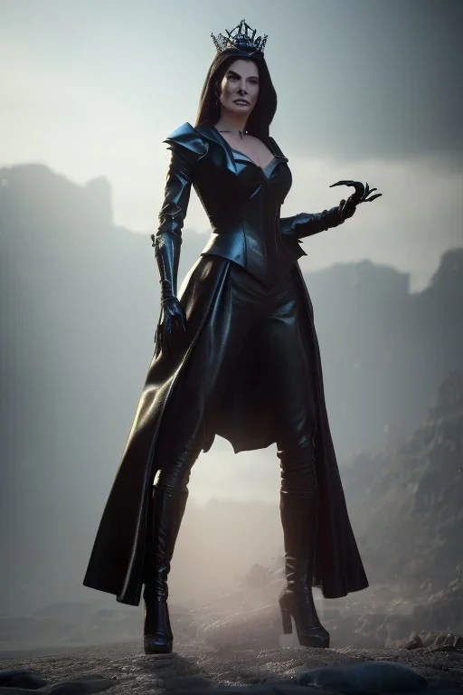 Sandra Bullock as evil queen in black leather gown, cleavage, angry, dominaneering, stern look unreal 5, octane render,cinema4d, dynamic lighting, dramatic lighting, 4k, redshift render, highly detailed, hyper realistic