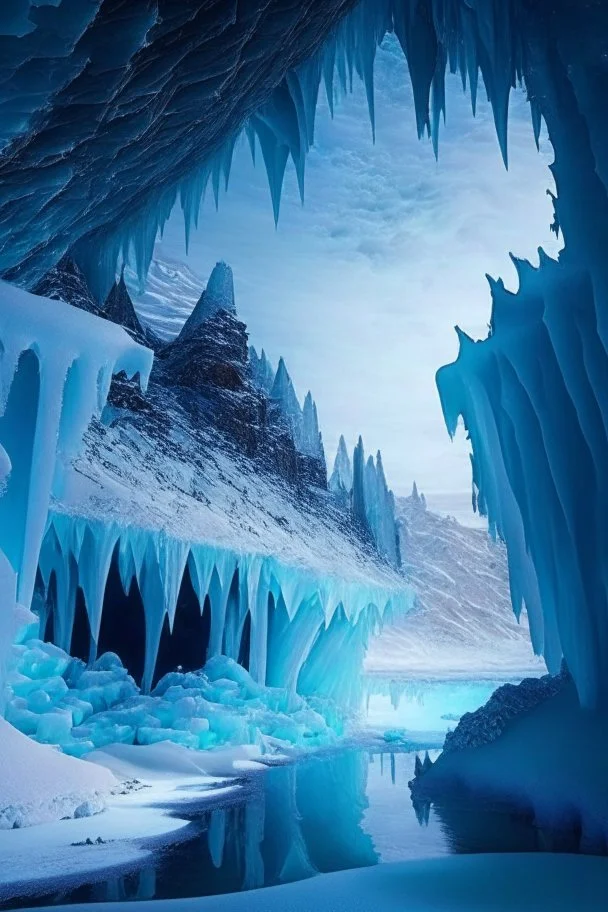 A frozen landscape with a giant frozen caveroof over it