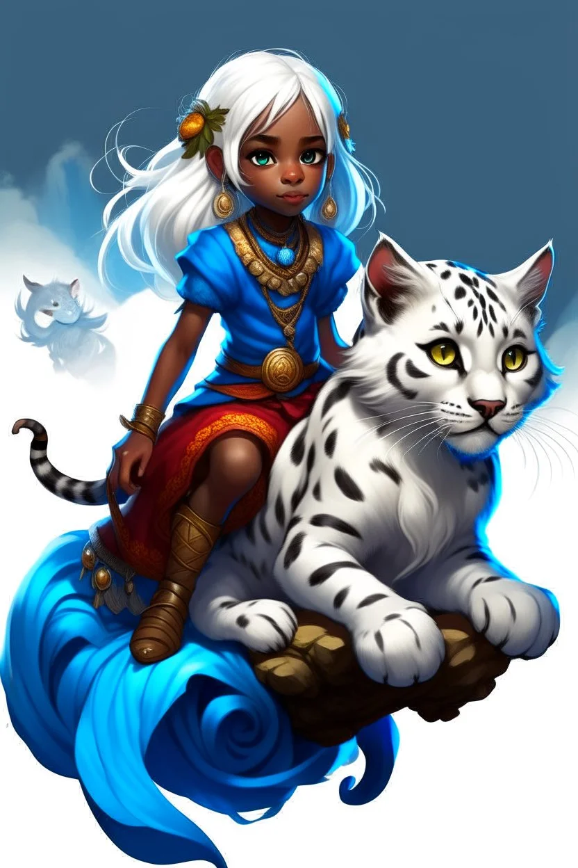 A cute eight-year-old sorceress, with dark skin, straight snow-white hair tied in a braid, with blue eyes, wearing a blue sorcerer gown, riding on the back of a giant furry leopard cat.