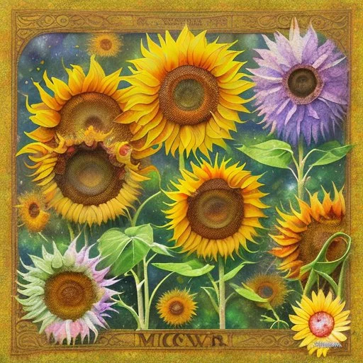 Watercolor patchwork painting of beautiful sunflowers growing against my wooden shed, greens, browns and yellow and orange, no signature no watermark, Patchwork by Meghan Duncanson and Jennifer Lommers and Didier Lourenço Modifiers: beautiful high detail fantastic view colourful watercolor patchwork alcohol ink Speedpaint