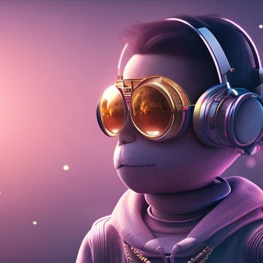 stylized Rabbit toddler, smiling, cyberpunk headphone, sunglass, gangsta gold neckless, full body, magenta puffer jacket, manila city backdrop, dramatic lighting, hyper realistic, unreal engine 5, 16k