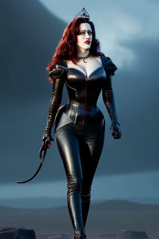 painting of kat dennings as evil queen in black leather pants, , leather, angry, stern look, volumetric lighting, particales,highly detailed,cinematic, deep colours,8, highly detailed, digital painting, artstation, concept art, smooth, sharp focus,