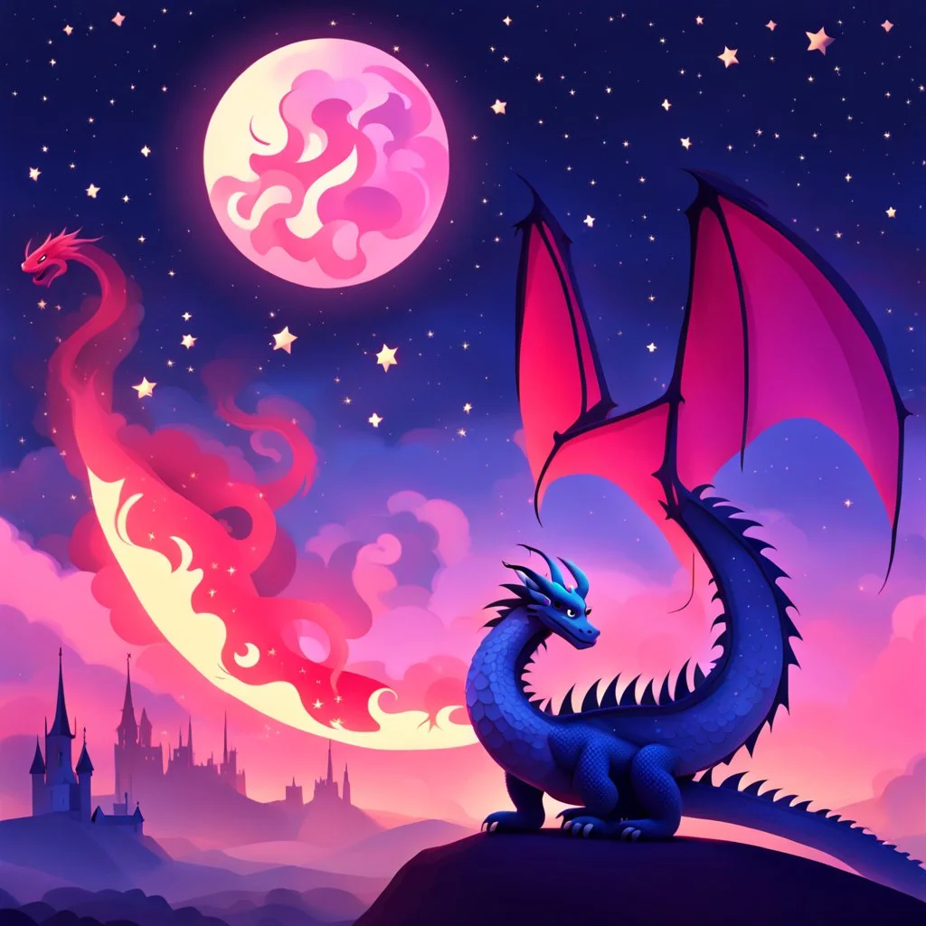 Pixar Disney Style, Dragon, Fire and Smog, Gothic, in the Background we see Stars and moons, Fade arround the image.