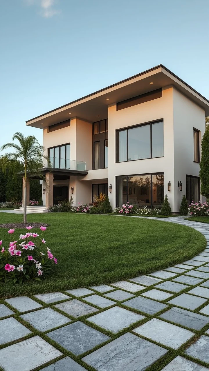 big beautiful modern villa with a large garden and grass and flowers in front and stone pavements