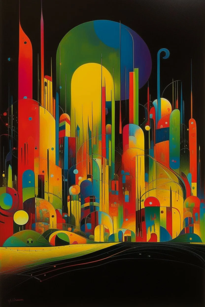A dark yellow futuristic city with multicolored neon lights painted by Wassily Kandinsky