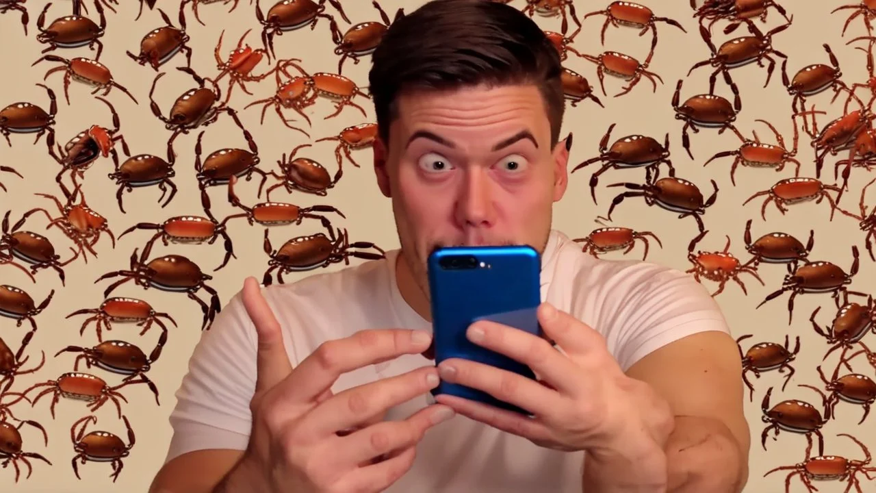 guy with creepy smirk watches censored videos on smartphone surrounded by tiny crabs