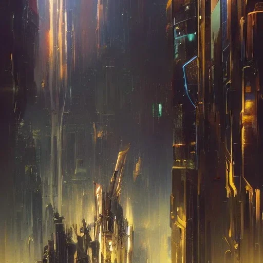 Art by John Berkey and John Harris, futuristic city, high-rise, smooth, sharp focus, highly detailed, digital painting, concept art, elegant, centered, Taris Star Wars, connected