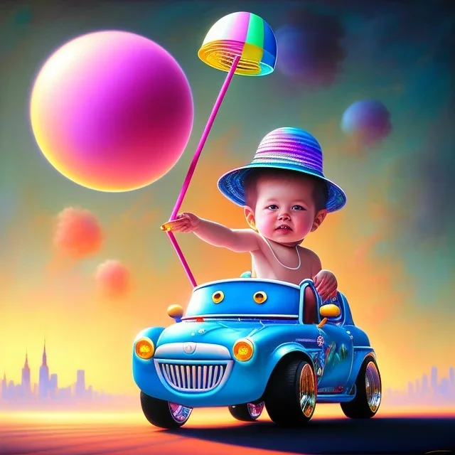 A one-year-old boy rides in the plastic funny toy-car on the middle of a busy street in new york. He has and a large-brimmed straw hat. somehow photographic bright colors and sunset, fantasy art, Anna Dittmann, digital painting, dan mumford, oil on canvas, jeff koons, akihito yoshida, wlop, kodachrome,