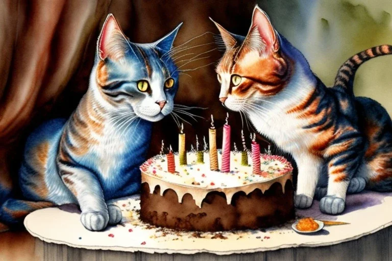 Two cats are having a birthday cake.. Highly detailed, smooth colours, realistic landscape. Aquarell