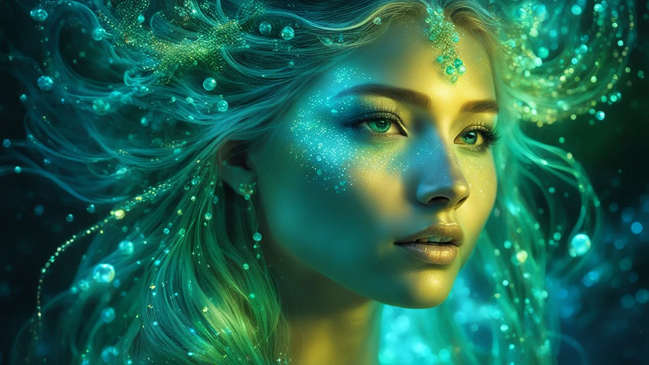 The photo is done in a bioluminescent and bioluminescent art style depicting a divine woman, Bioluminescent dewy translucent glowing skin, ethereal glowing eyes, long neck, perfect face in ultra-realistic details, flowing hair, greenish blue hues, The composition imitates a cinematic film with dazzling, golden and silver lighting effects. Intricate details, sharp focus, crystal clear skin create high detail. 3d, 64k, high resolution, high detail, computer graphics, hyperrealism, f/16, 1/300 sec.