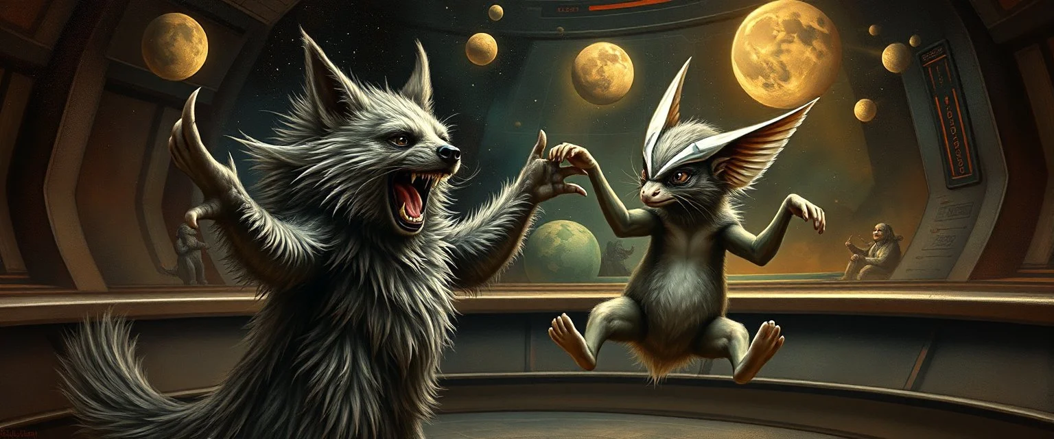 fluffy mean wolf alien gremlin dog bison badger star ship bridge captain dancing in the style of Rembrandt and Escher and Dali