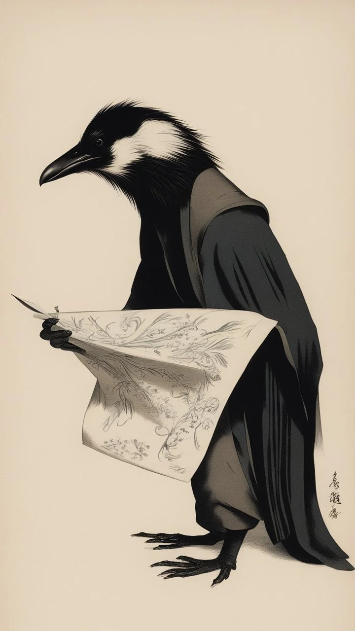 crow badger servant holding a folded napkin, with distinct shadow on paper, signed by a master caligrapher