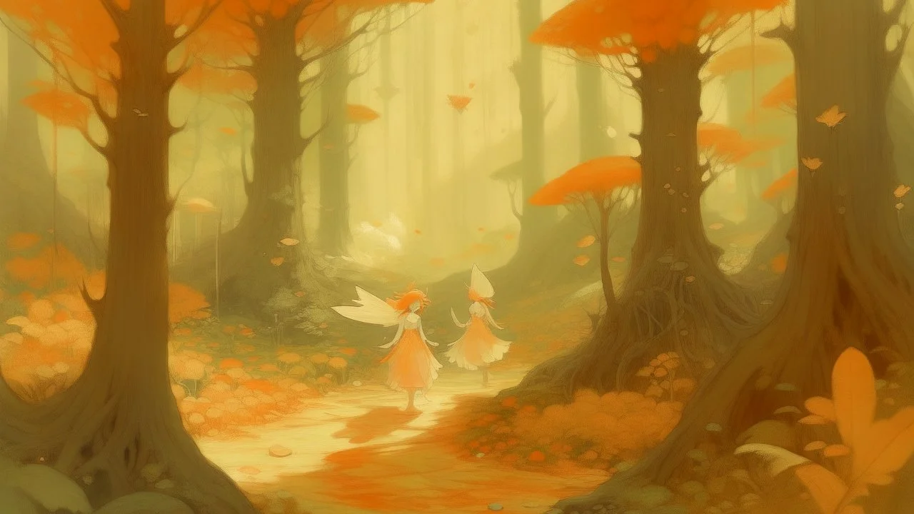 A pale orange fairy realm in a forest painted by Zosan