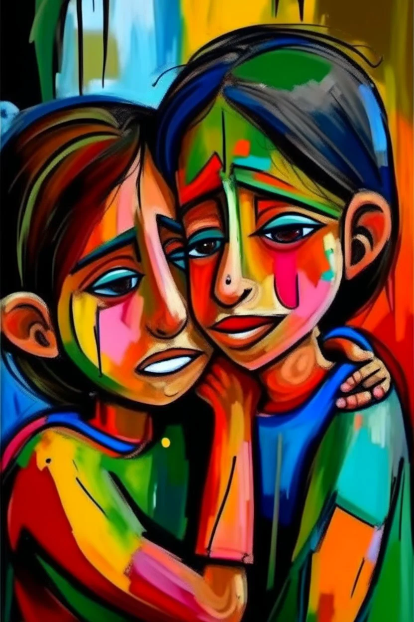 a girl hug her brother and both crying sadly, expressionism, Pixar style, in abstract art Basquiat, Picasso, Miro, Kandinsky, Klee, Birell, Fairey, Ardon, Buffet aand Picasso style, HD --s 750 --v 5.1 --style raw, water color