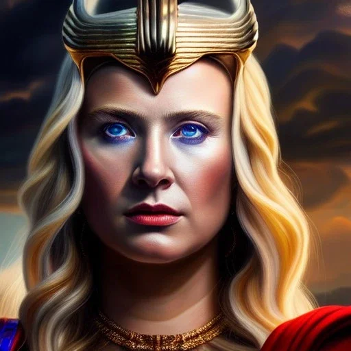 Ultra detailed fullbody Portrait in oil on canvas of Female THor,intense stare,extremely detailed digital painting, extremely detailed face,crystal clear Big eyes, mystical colors ,perfectly centered image, perfect composition, rim light, beautiful lighting,masterpiece,8k, stunning scene, raytracing, anatomically correct, in the style of robert e howard and Ken Kelley and Ohrai Noriyoshi and Simon Bisley and tomzj1