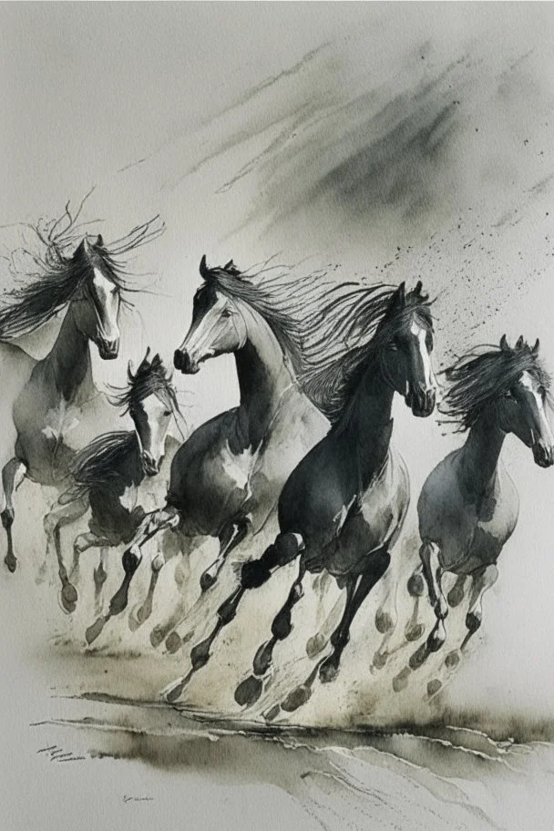 8 horses running on meadow as black ink watercolor chinesse paintin art