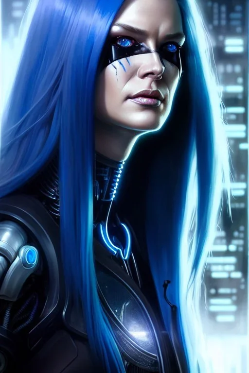 hiper realista, hiper detalhado, retrato de corpo inteiro, no estilo cyberpunk, de uma mulher incrivelmente bonita com implantes biônicos, cabelos compridos azuis, olhos brilhantes, maquiagem preta, arte de greg rutkowski, artgerm, wlop, rossdraws, boris vallejo