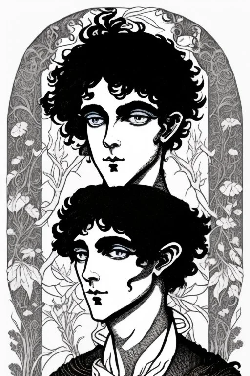 Black haired blue eyed freckled young male satyr alchemist in the style of aubrey beardsley