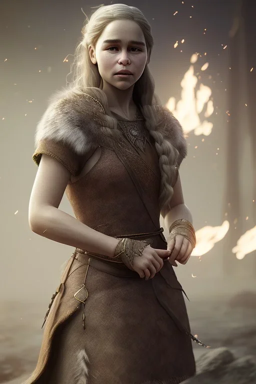 emilia clarke, viking clothes, realistic, unreal engine, cinematic lighting, octane render, particles fire, particles fog, particles smoke,