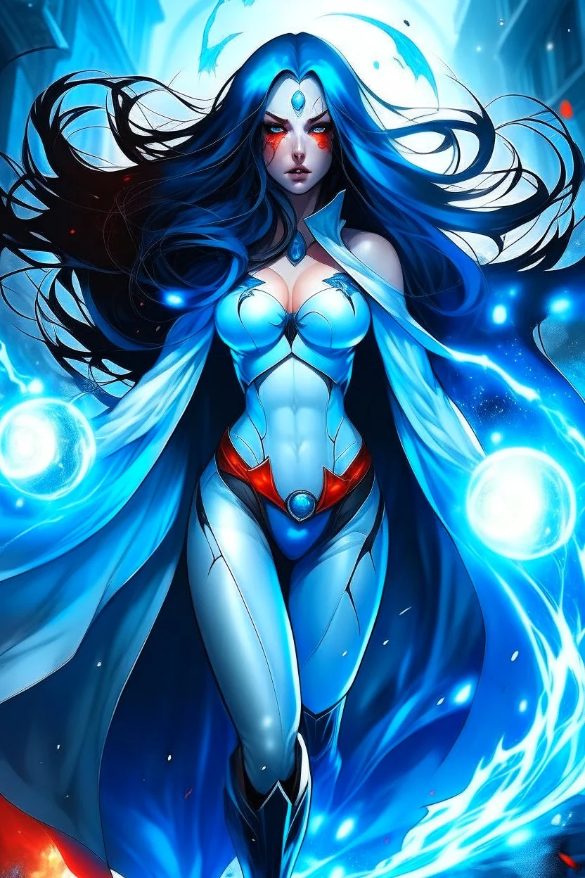 super hero woman, big body, good body, good ass, blue long hair, lighting plasma on hands and eyes, light small white costume, rude mode, cape, splashed for many blood, high quality details, intrincate details, street and moon background.