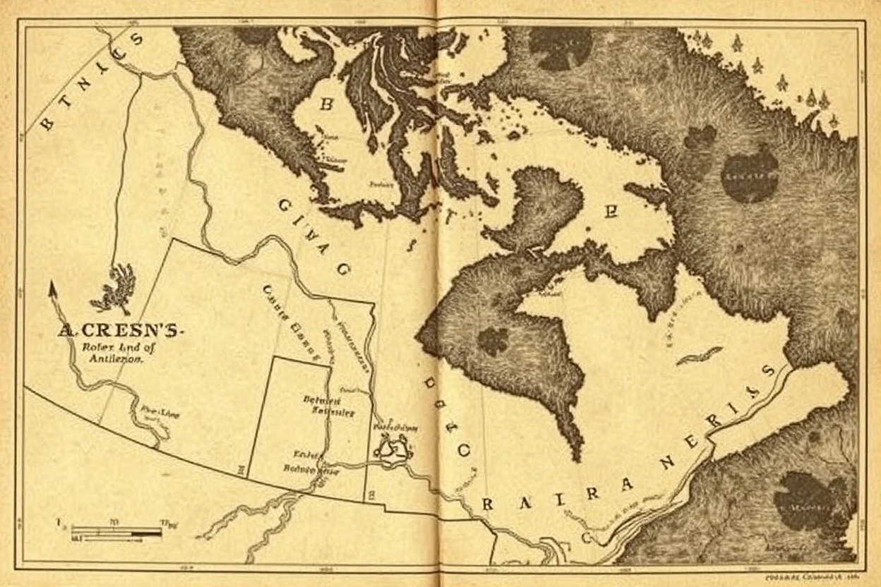 a scan of an ancient Cree Anishinaabe land map, printed black and white but has since been stained and weathered