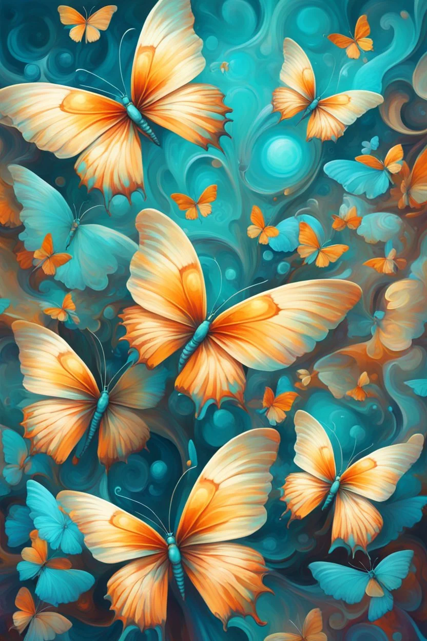 vibrant psychedelic oil painting image, airbrush, 64k, cartoon art image of background TEAL and BEIGE BUTTERFLIES , futurism style