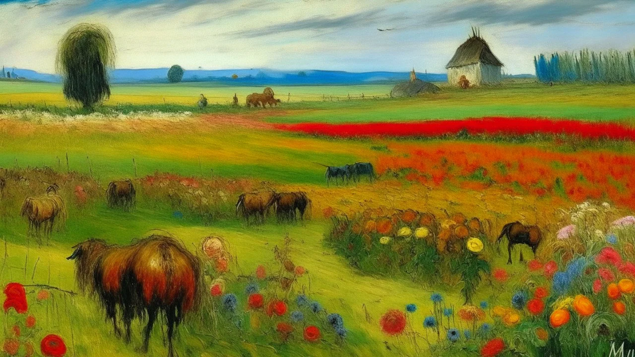 A field with haystacks, flowers, and animals painted by Claude Monet