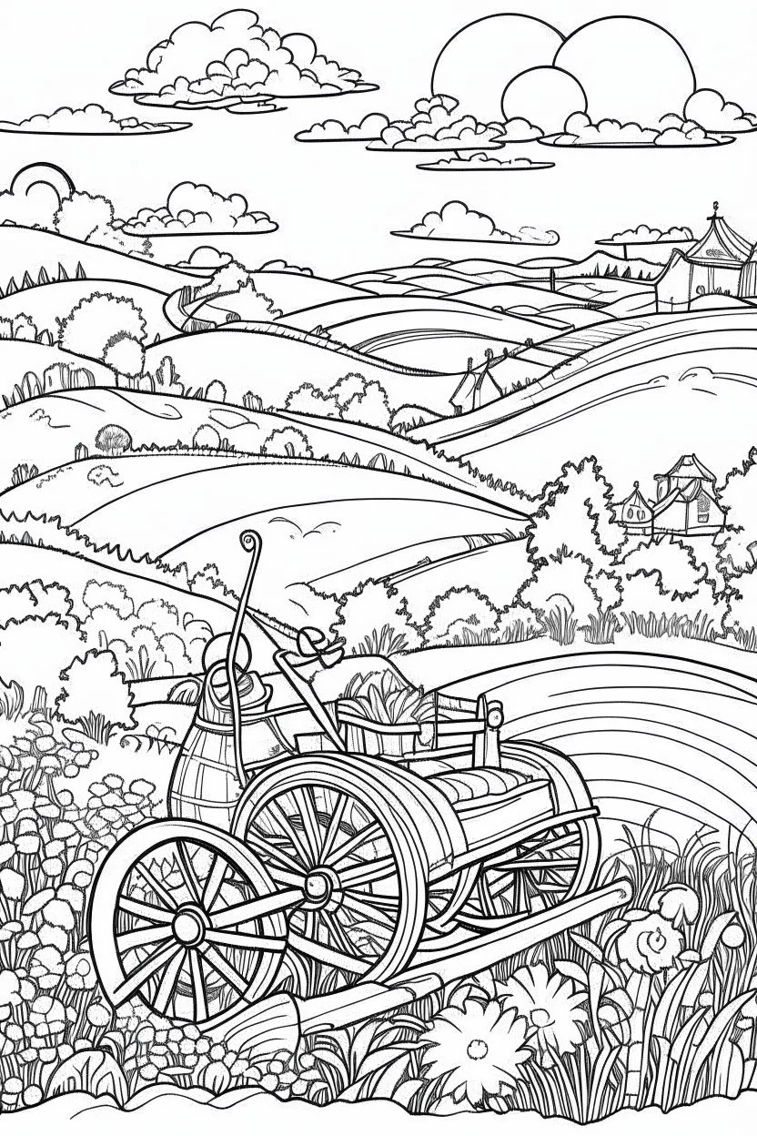 Outline art, no shading, , cartoon style, whell barrow, black and white, low detail, --ar 9:11