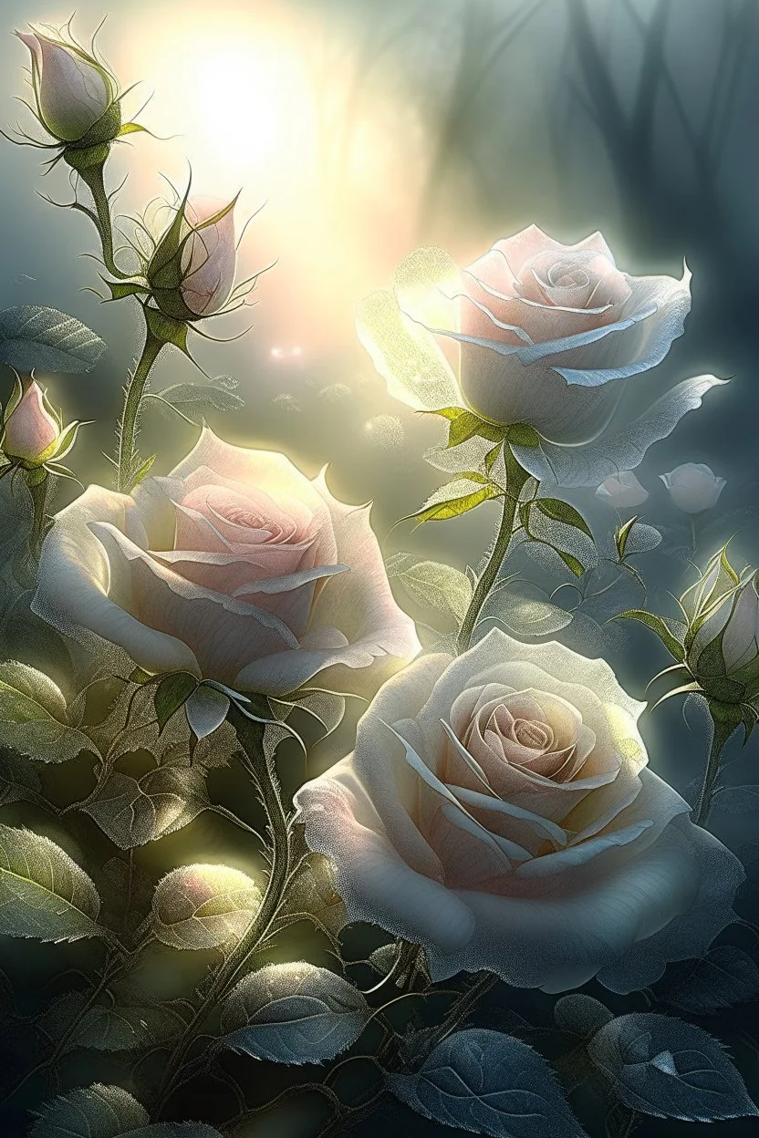 magic rose flowers,delicate petals,natural light ,sunlight,dew,fine ink drawing,landscape,fog,lots of details,realistic,high quality,3d, work of art,hyperdetalization,professionally,filigree,hazy haze,hyperrealism,transparent,delicate pastel tones,back lighting,contrast,fantastic,unreal,translucent,glowing,clear lines,horror,epic,fabulous,fabulous landscape