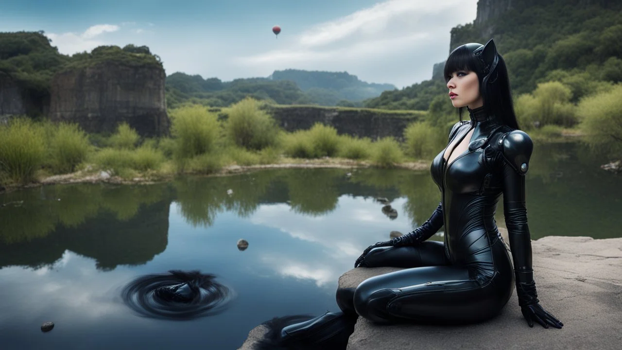 Fantasy Photo Of A Woman With Black Hair, Wearing A robot-looking catsuit, Sitting sideways On A Ledge next to a Pond, With A Planet Behind Her Head