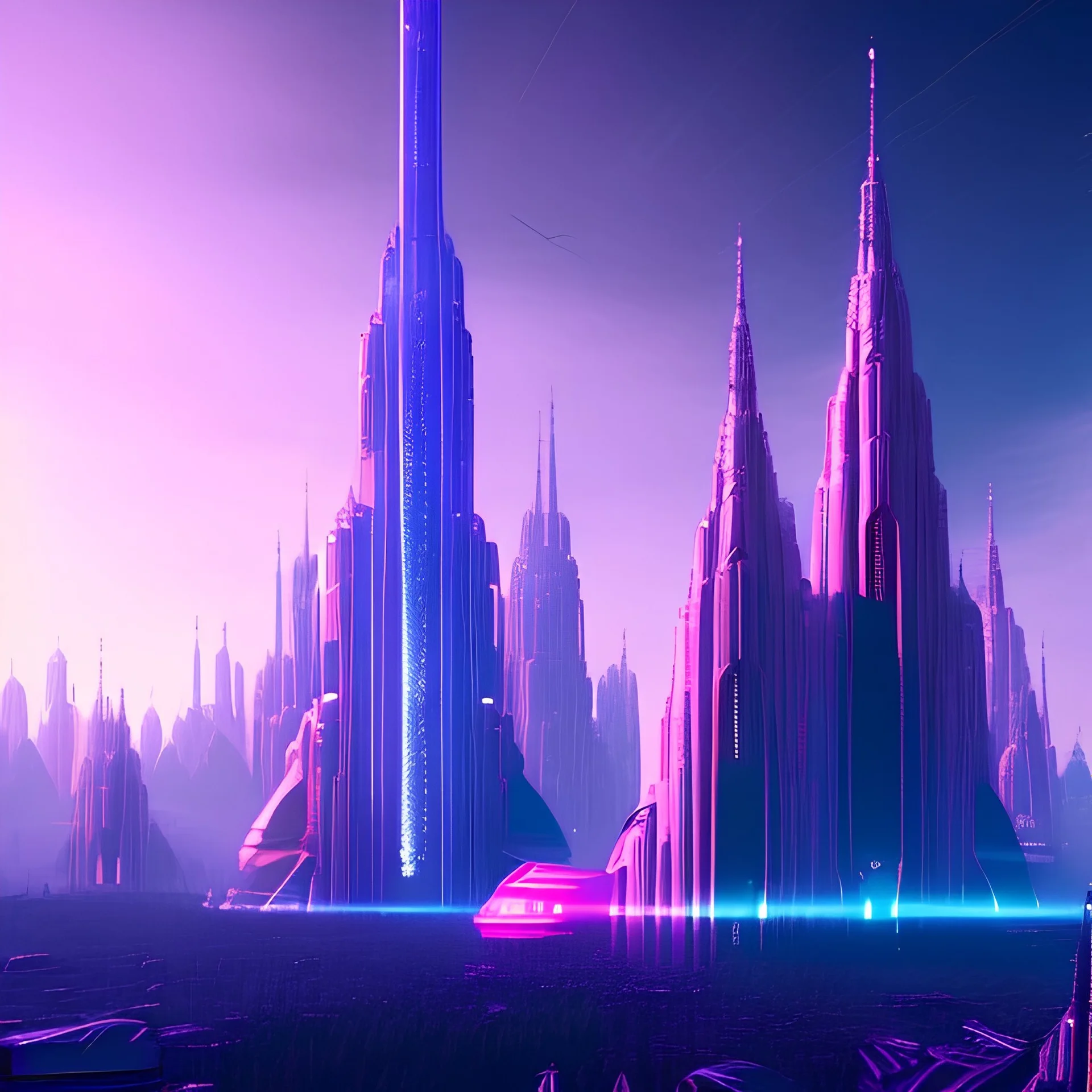 A very beautiful futuristic city, elegant, small crystal edifices, atmospheric, realistic, cinematic lighting, pink blue light, 8k, galactic atmosphere, flowers