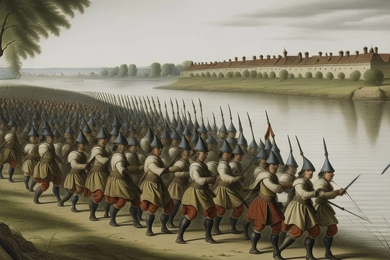 French Army marching next to river1669