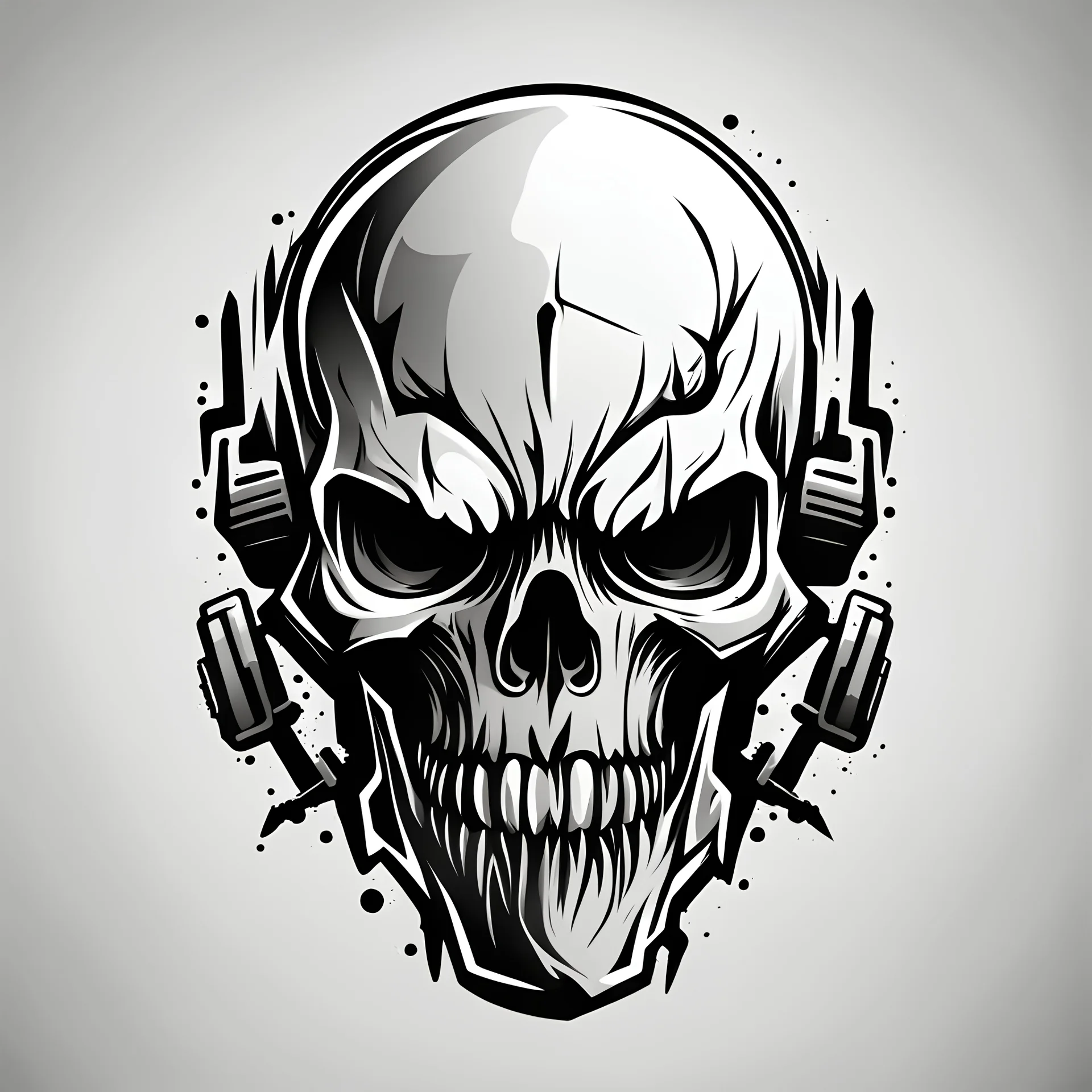post-apocalyptic mutant skull vector icon in white color over the back background, stylized